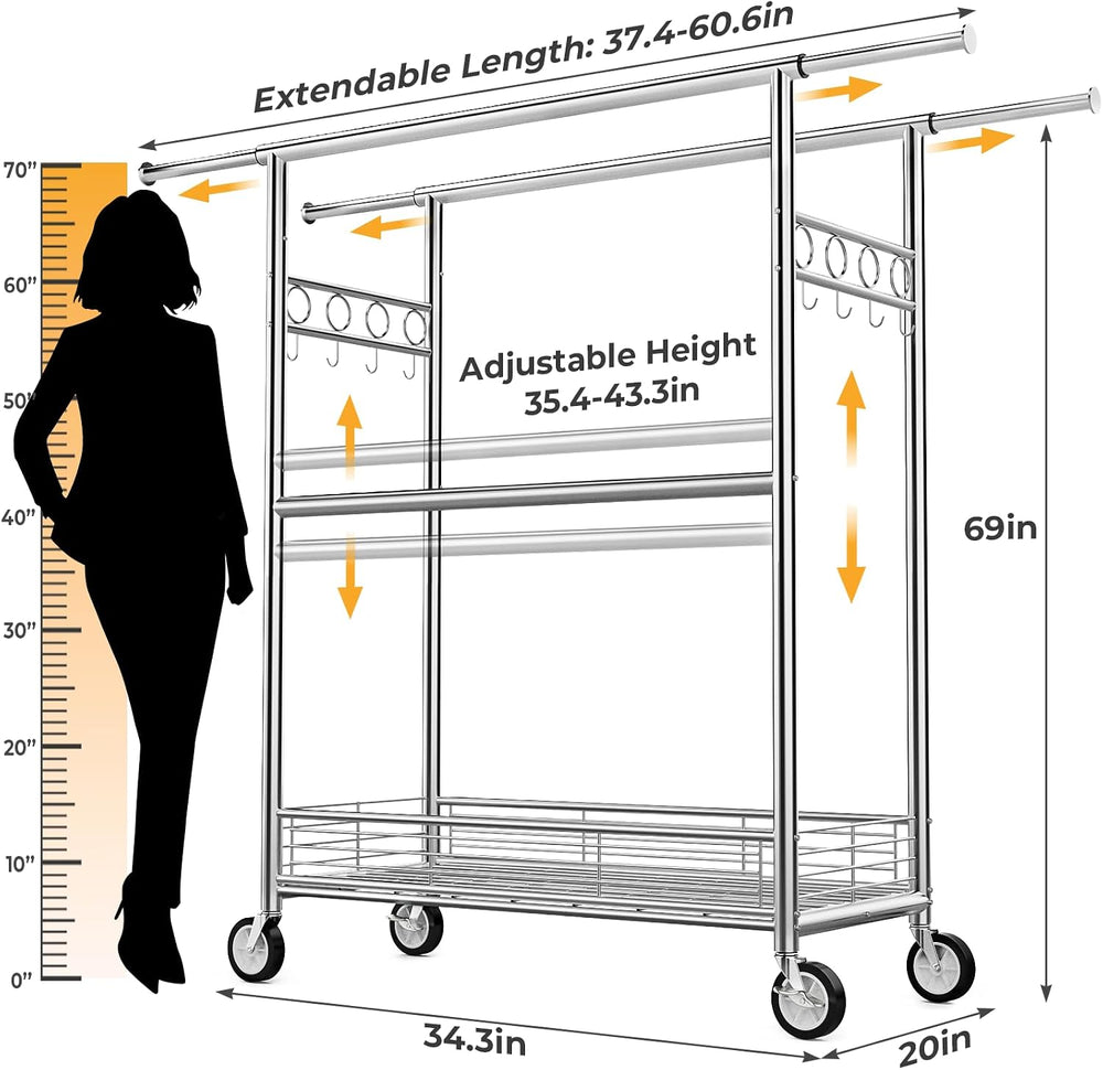 Heavy Duty Clothes Rack Load 960LBS, Three Rods Rolling Clothing Racks for Ha...
