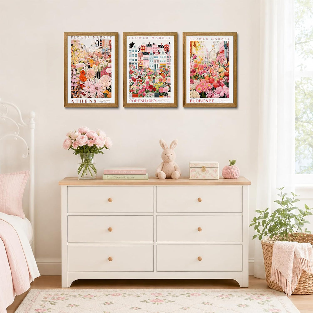 KISSFOX Pink Floral Wall Art Flower Market Pictures Travel Wall Decor