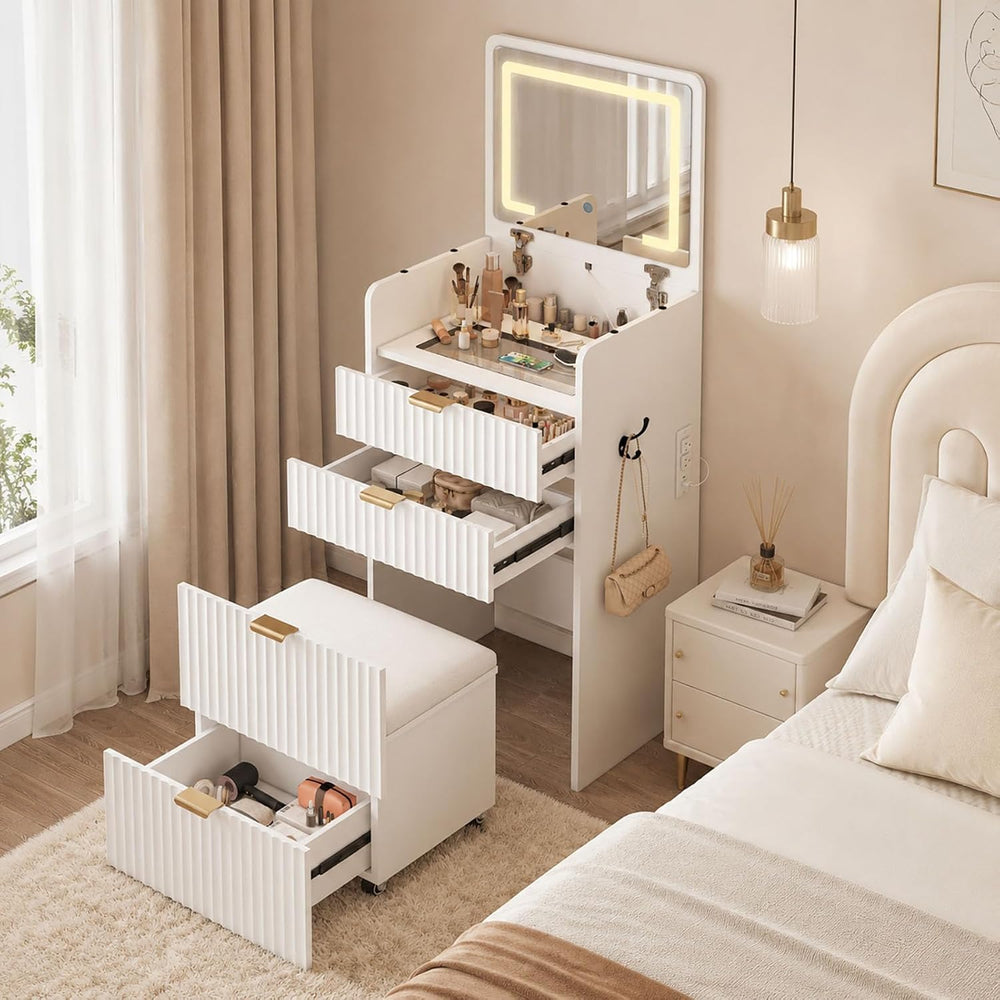 3 in 1 Vanity Desk with Flip Top Mirror and Lights, Small Makeup Vanity with ...