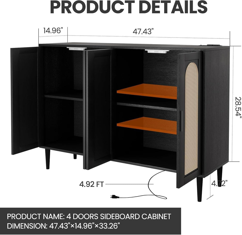 Patikuin Rattan Sideboard Buffet Cabinet, Boho Accent Storage Cabinet, 4 Door...