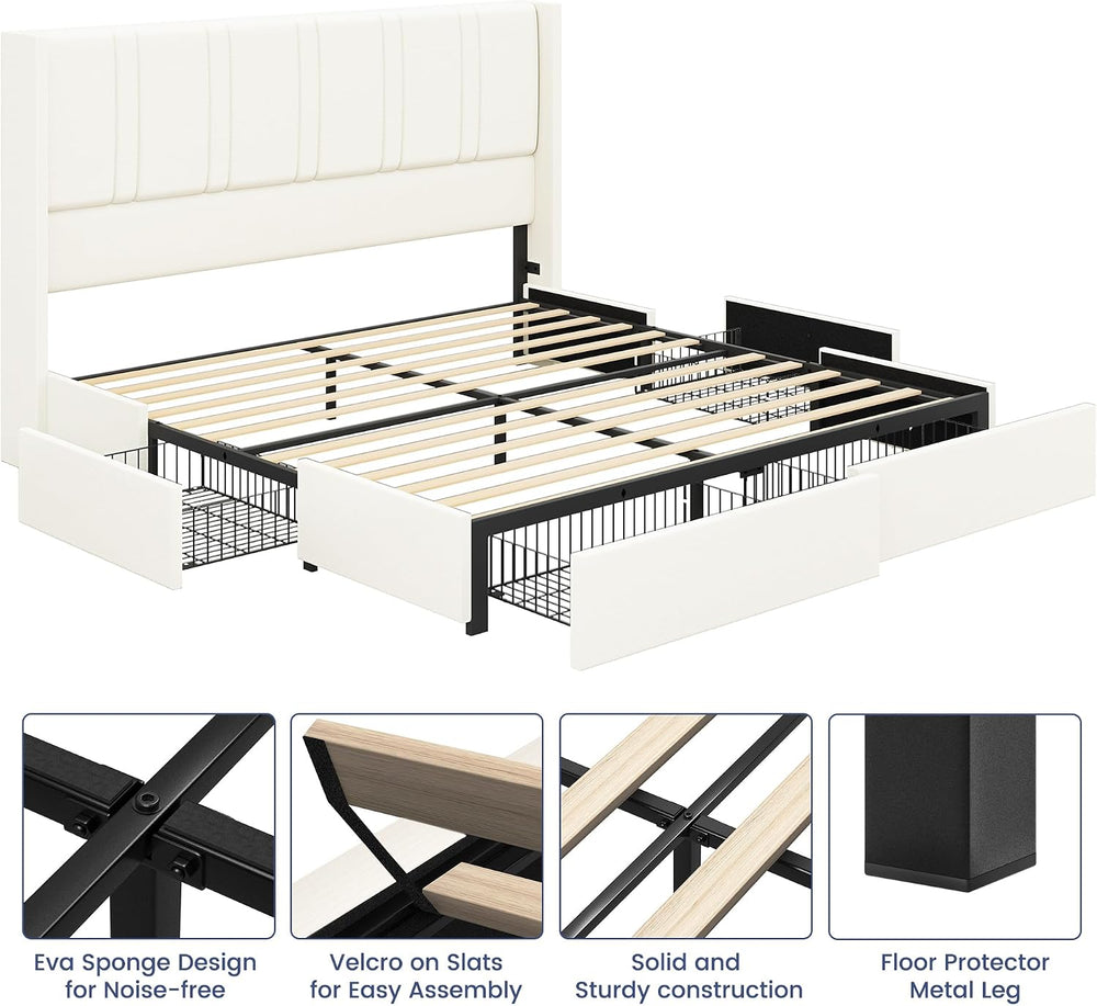 BRELTAM Queen Size Wingback Platform Bed Frame, White