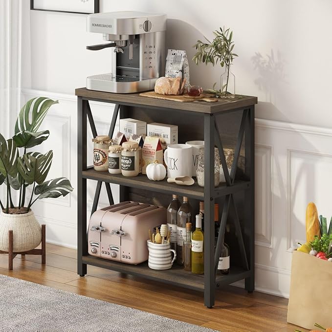 FATORRI Rustic Small 3 Shelf Bookshelf for Living Room, Industrial Low Wood B...