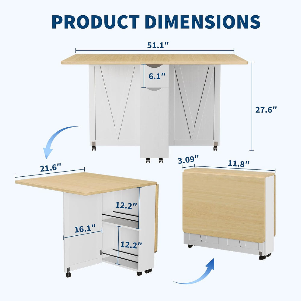 IDEALHOUSE Folding Dining Table, Folding Kitchen Table with Drawers and Stora...