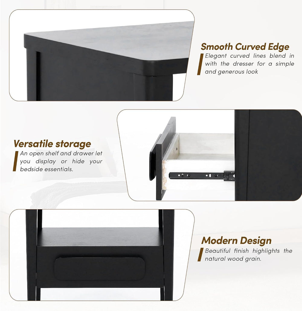Modern Nightstand, Sustainable Hevea Premium Solid Wood Frame - Bedside Table...