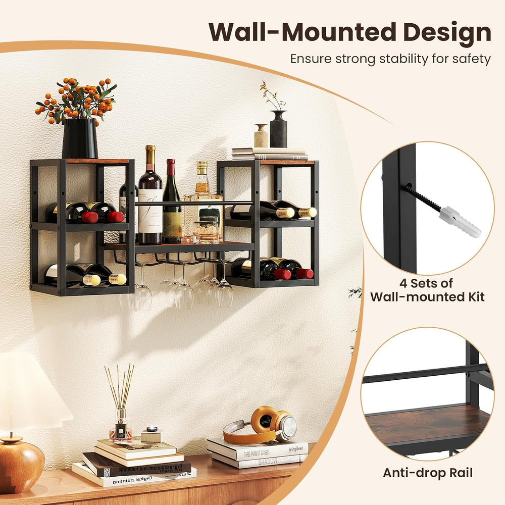 GIANTEX Wine Rack Wall Mounted, 3-Tier Metal Hanging Wine Rack with 3 Glass H...