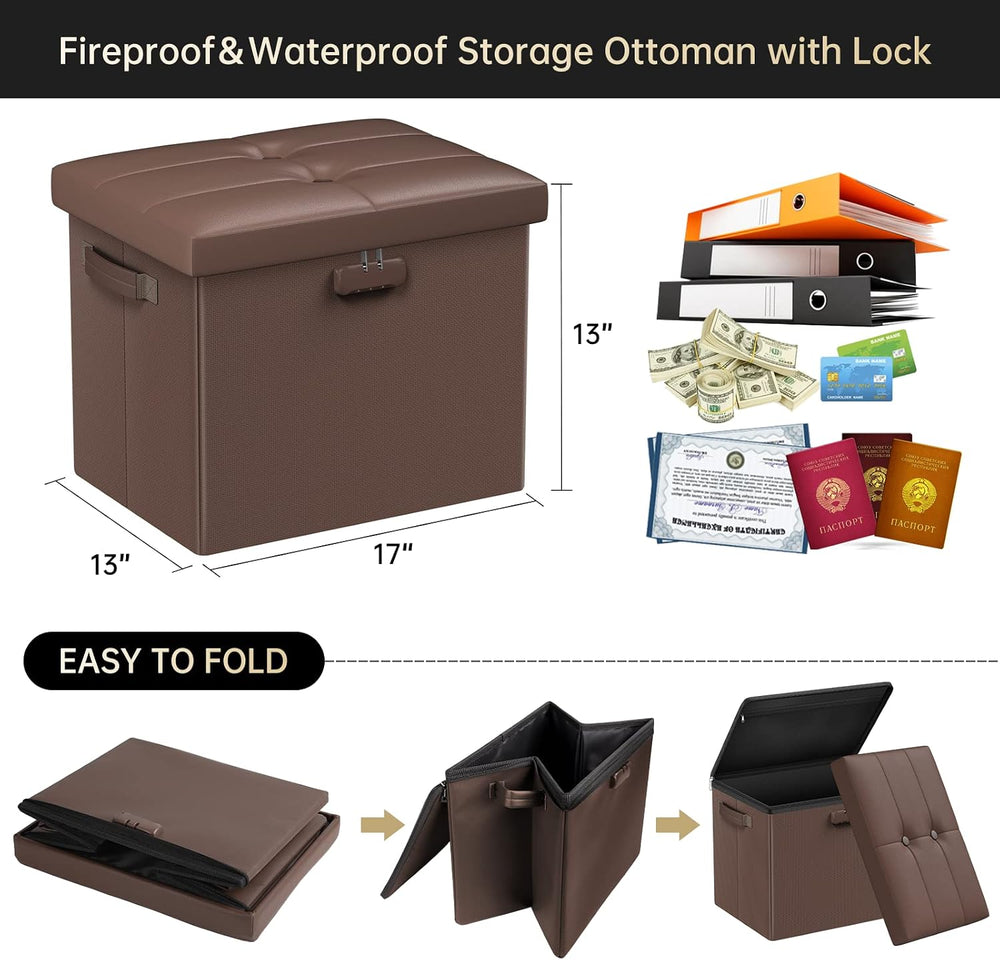 DocSafe Storage Ottoman Foot Rest Stool with Lock & Handle, Fireproof Folding...