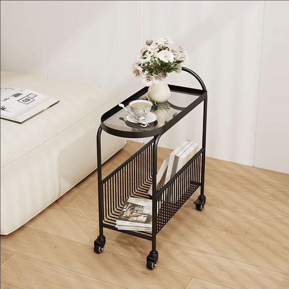 Small Sofa Side Table End Table with Wheels, 2-Tier Utility Rolling Cart Stor...