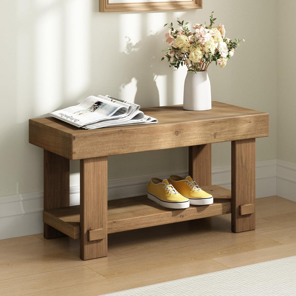 31.5" Solid Wood Bench, Small Farmhouse Narrow Storage Bench, Natural | ...
