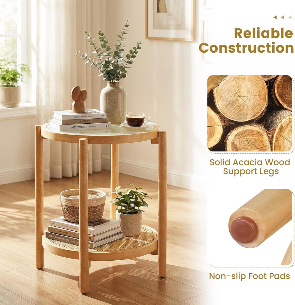 Giantex Rattan Round Side Table, 2-Tier Boho End Table w/Tempered Glass Top, ...