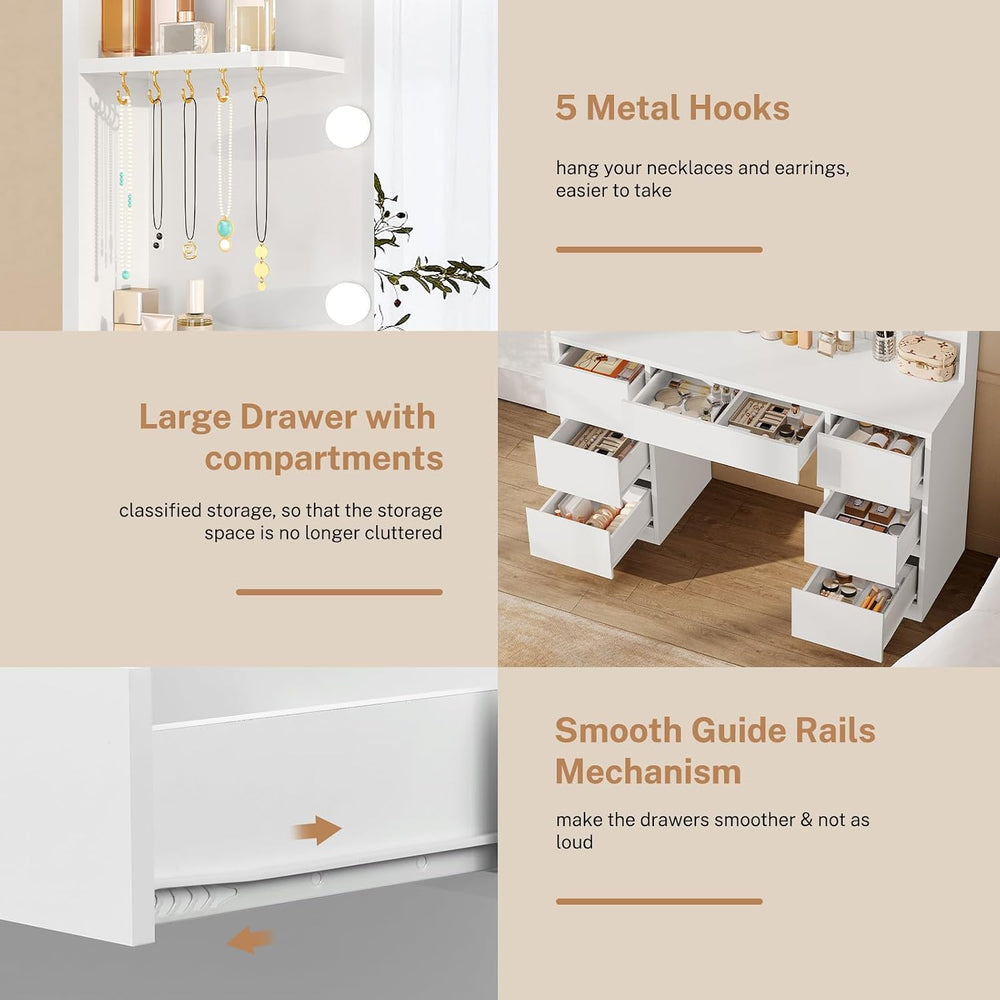 FIONESO Vanity Desk with Mirror and Lights, White | Makeup Vanity with 3 Colo...