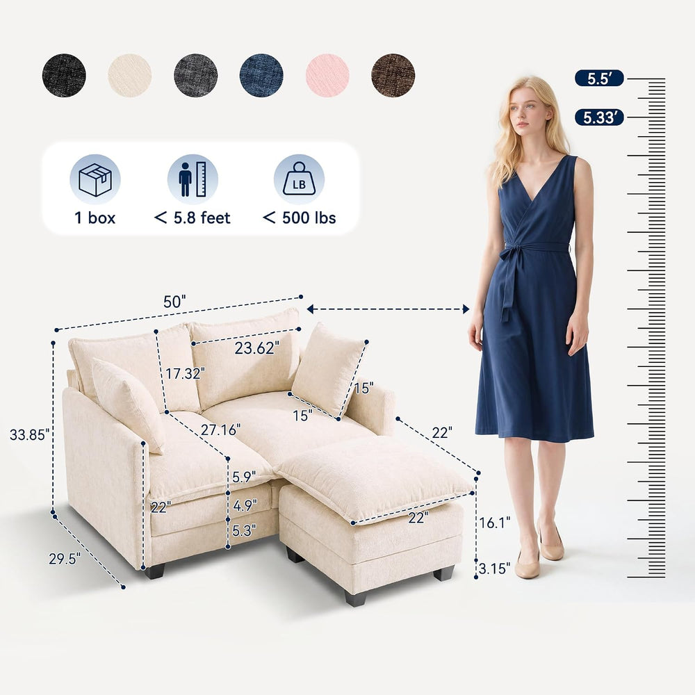 L-Shape Loveseat Sofa Couch with Ottoman, Small 50" Love Seat 27" D...