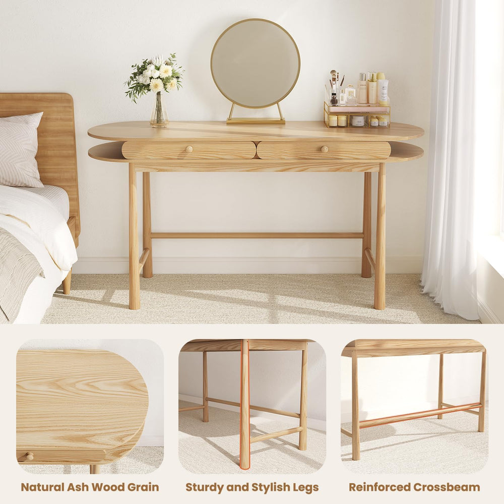 60in Solid Wood Desk - Oval-Shaped Double-Top Dressing Table, Ash