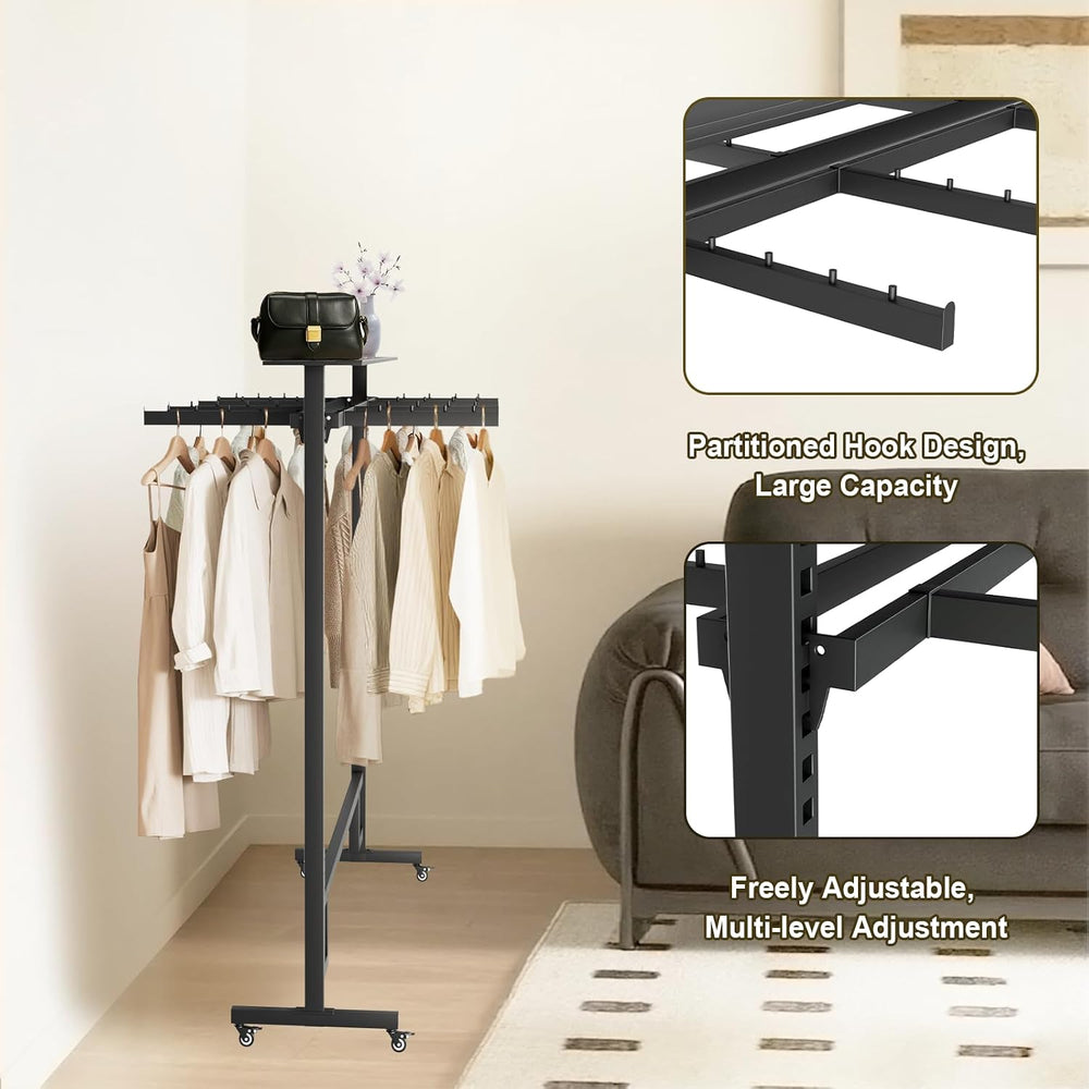 Retail Clothing Display Rack with Adjustable 8 Arms, on Wheels & Top Shelf
