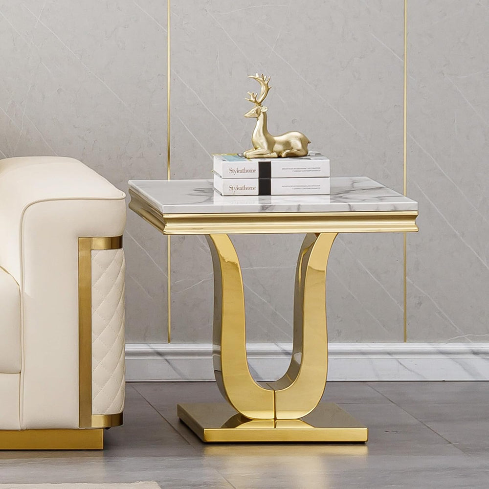 1 Piece Living Room End Table Luxury Faux Marble Sofa Side Table, Modern Whit...