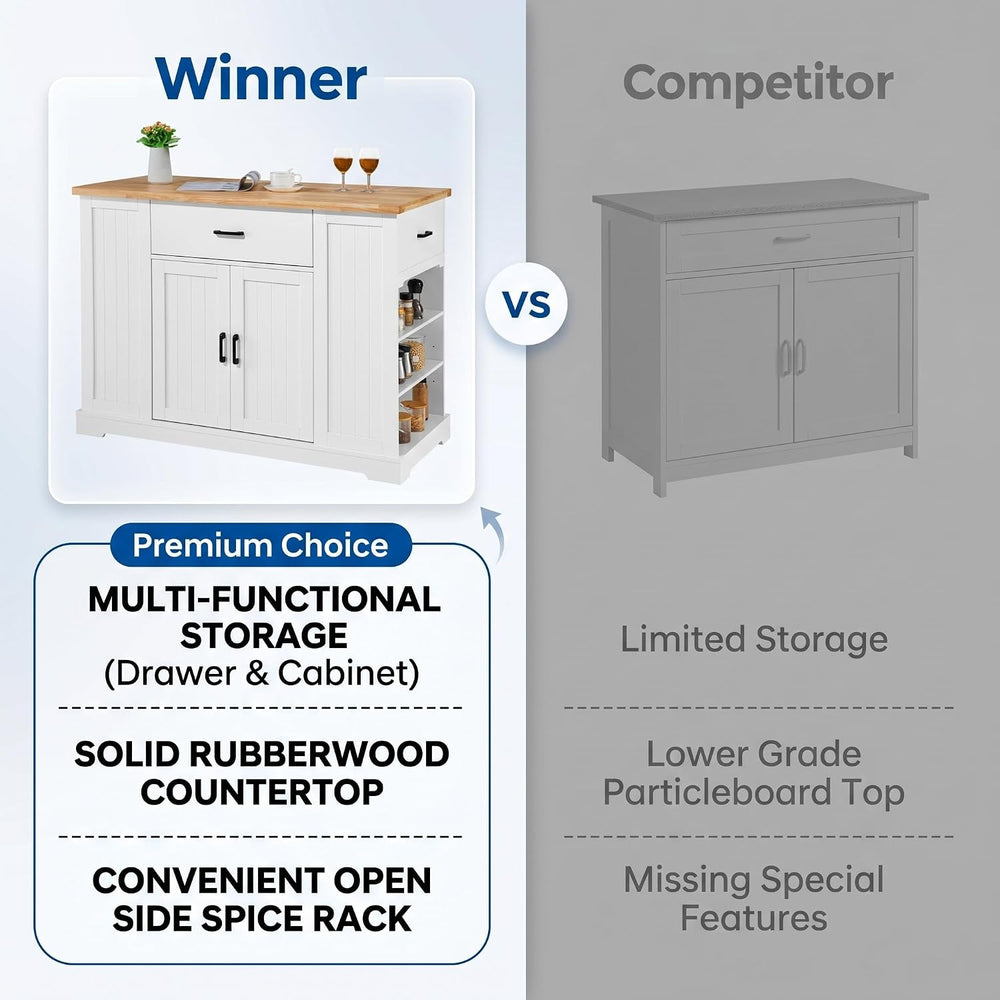 46 Inch Kitchen Island Cart with Storage Cabinet, Wood Top Breakfast Bar with...