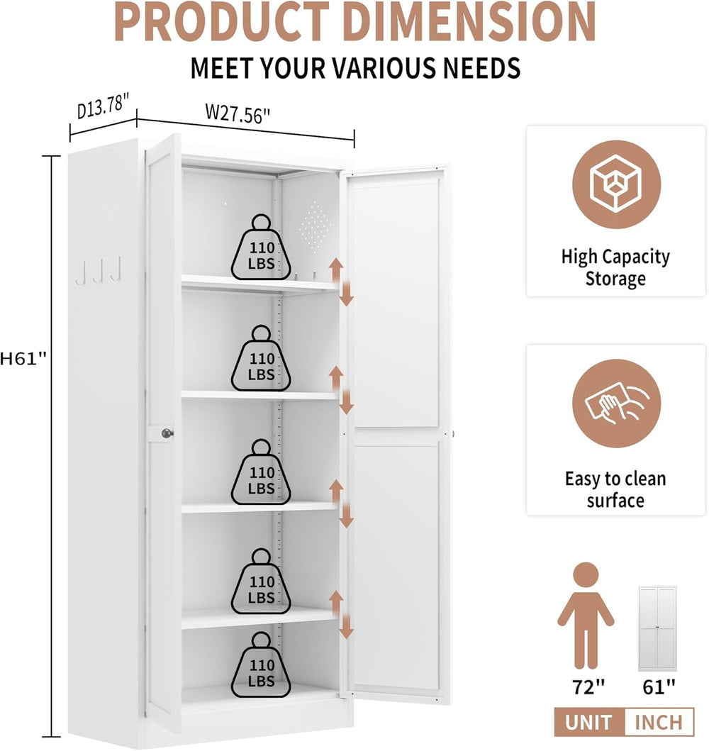 61 Inch White Metal Pantry Cabinet, Freestanding Kitchen Storage Organizer wi...