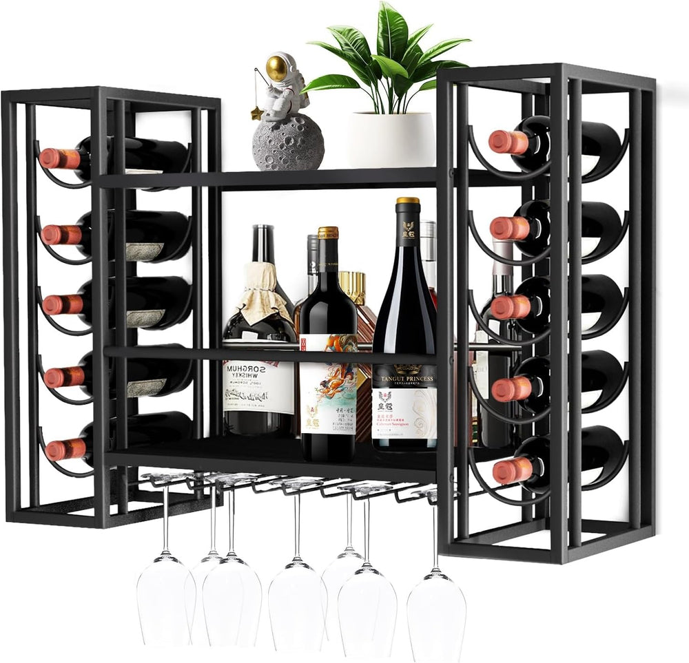 Wall Mount Wine Racks with Glass Holder, Metal Bottle Holder Glass Rack Wall ...