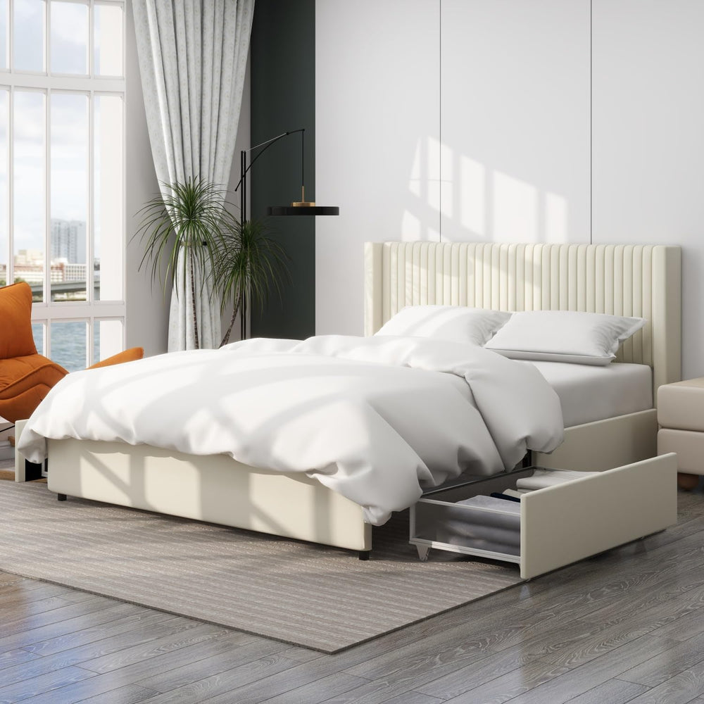 Ivory Velvet Upholstered Wingback Platform Bed with 2 Drawers, Queen Size Sto...