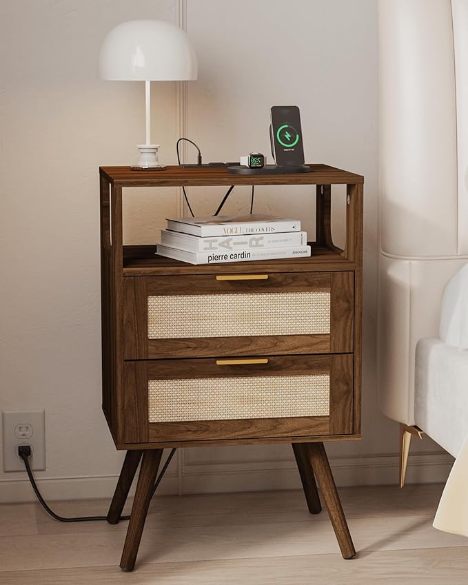Rattan Nightstand with Charging Station,Farmhouse Bedside Table with 2 Storag...