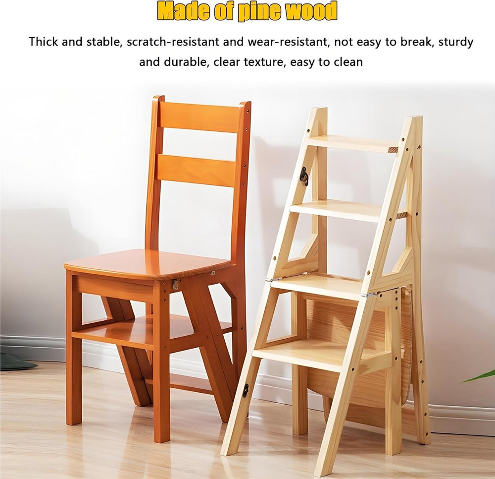 Aimery Library Ladder Chair, 2 in 1 Portable 4-Step Ladders, Wood Foldable St...
