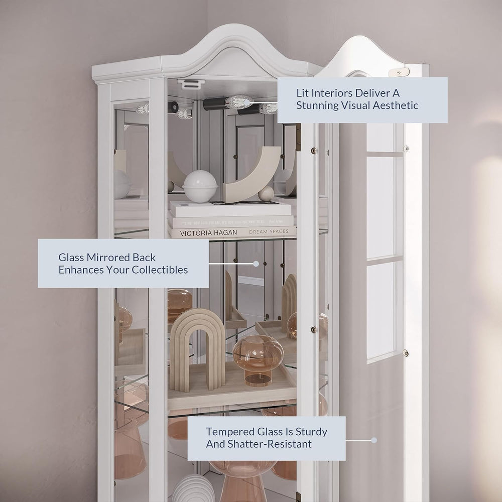 BELLEZE Lighted 3-Side Glass Display Curio Cabinet w/ Tempered Glass Doors an...