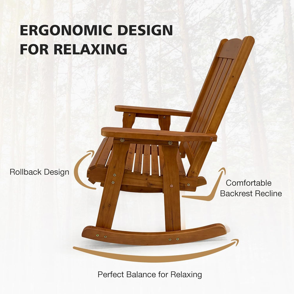 Wooden Patio Rocking Chair with Comfortable Backrest Inclination, High Backre...