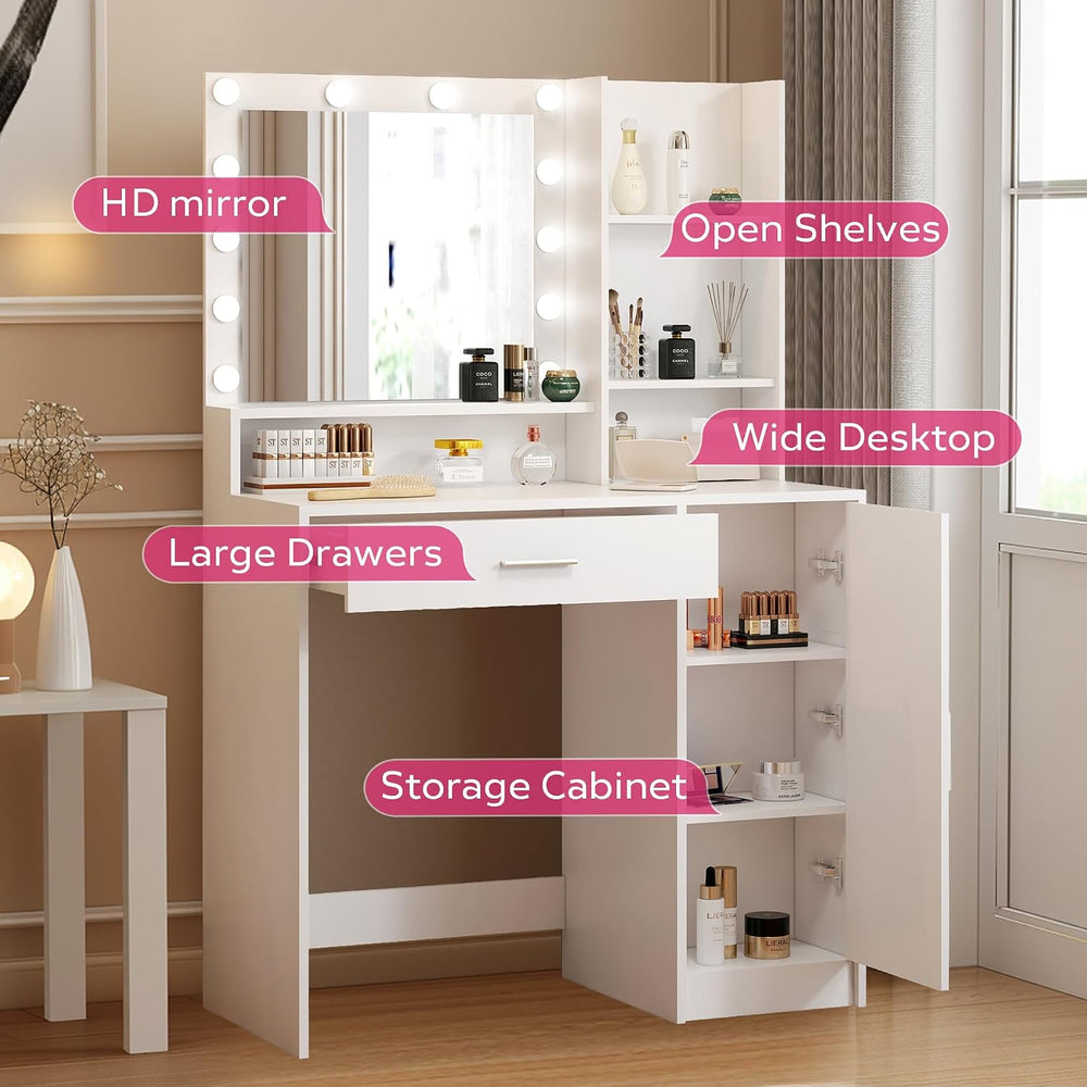 Palimder Vanity Desk with Mirror & Light, Large Drawer Three Level Storag...