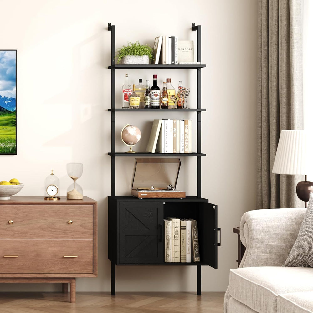 Yusong 73" Tall Bookshelf with Cabinet, Industrial Ladder Wall Mount She...