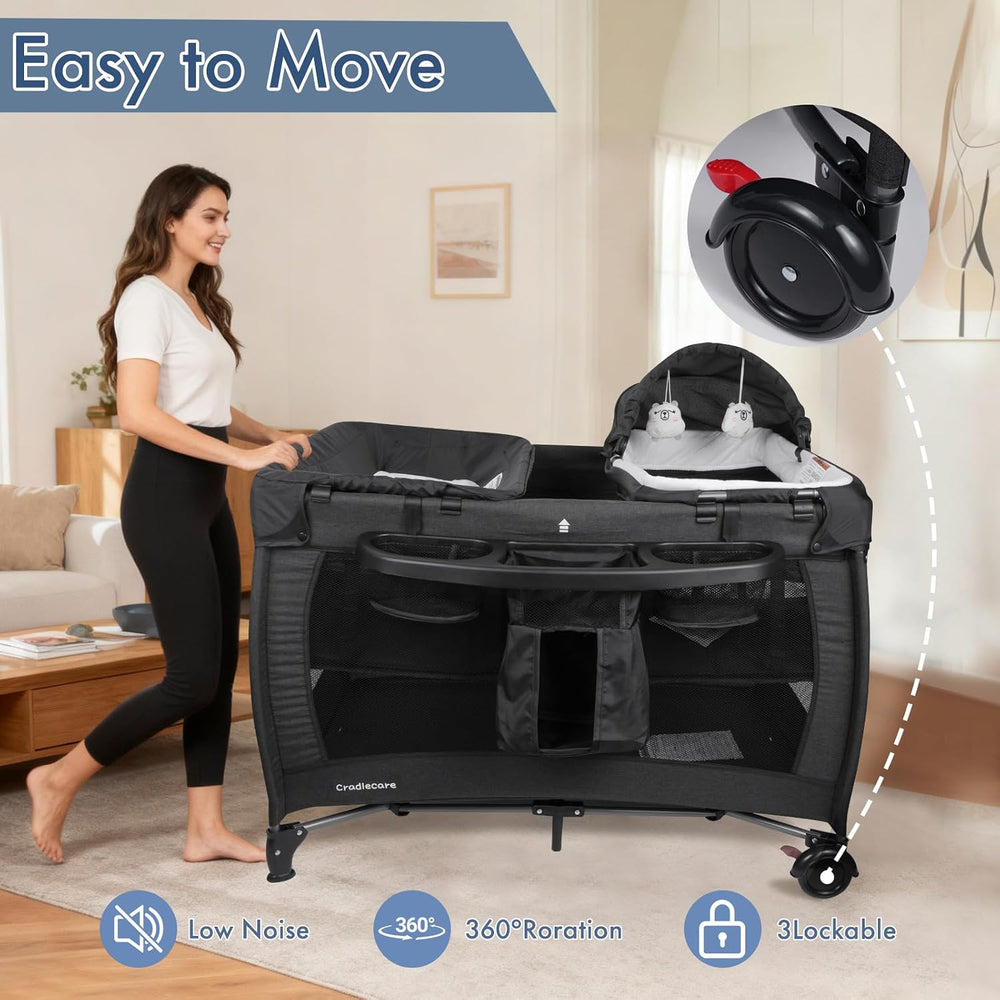 5-in-1 Pack and Play with Bassinet & Changing Table, Black