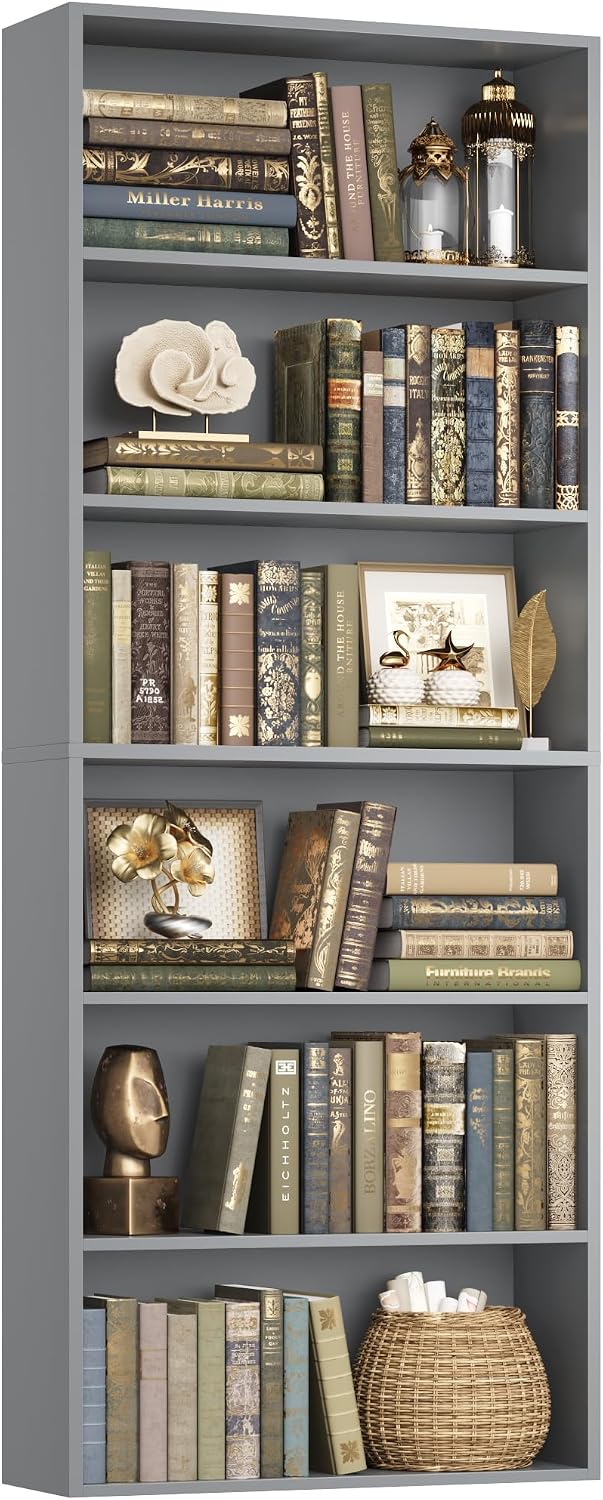 FOTOSOK 6 Tier Tall Bookshelf Bookcase with Open Display Shelves, Dark Gray