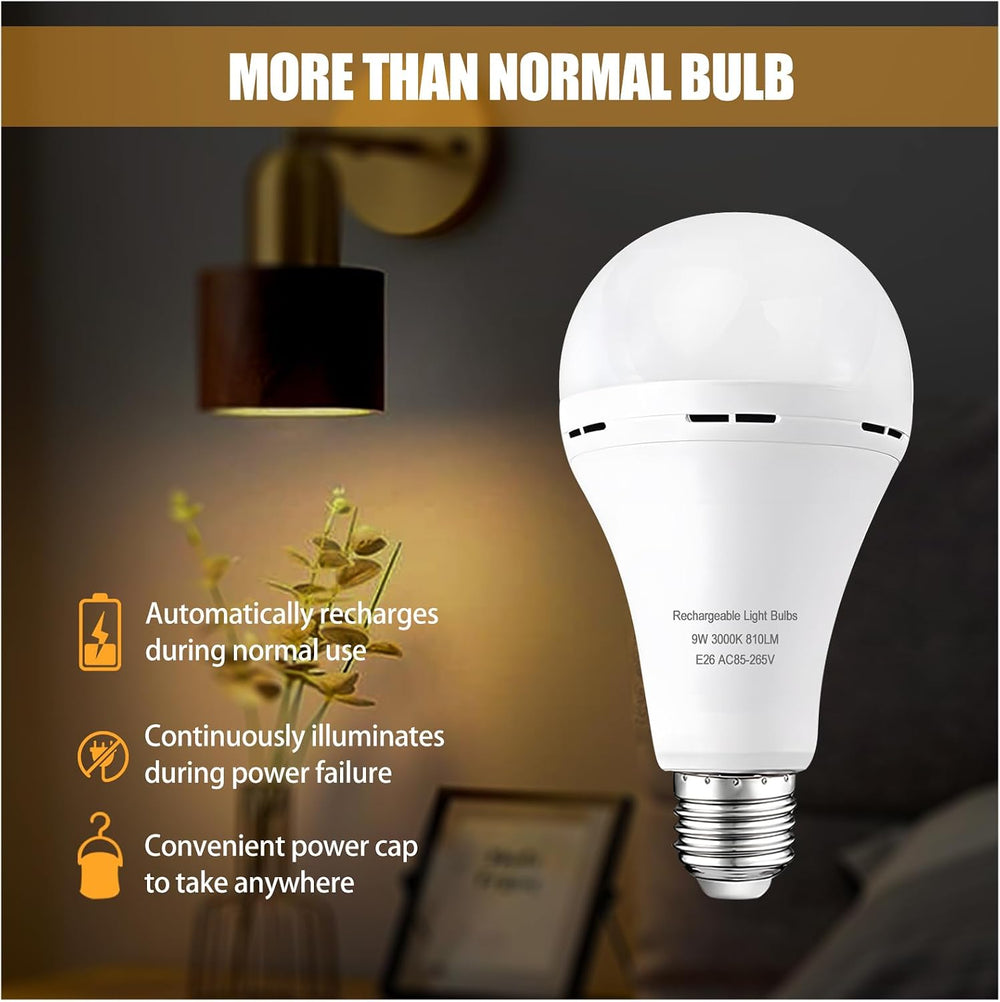 Emergency Rechargeable Bulbs 6Pk,A21 9W 60WEq,1200mAh WW for Power Cut Camp