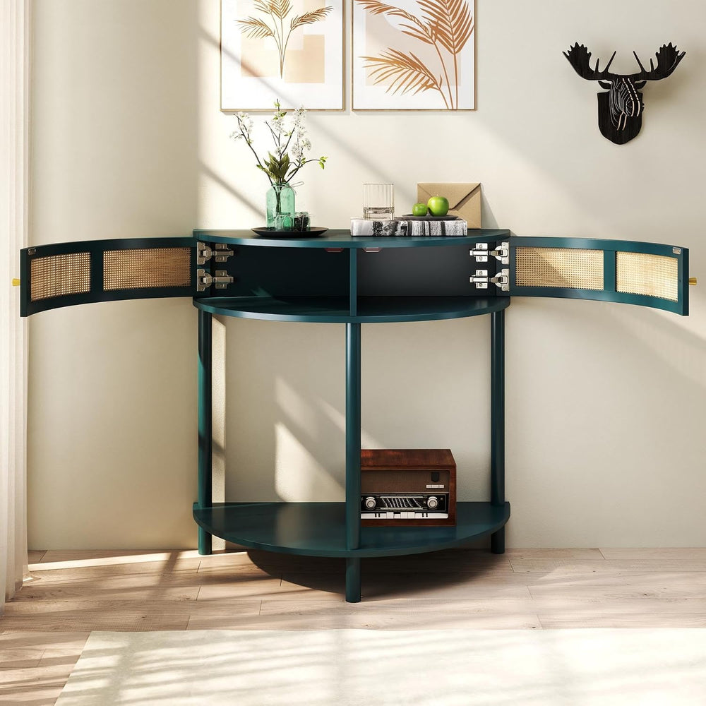Unique Half Moon Console Table with Rattan Doors, 31.5" Rattan End Table...