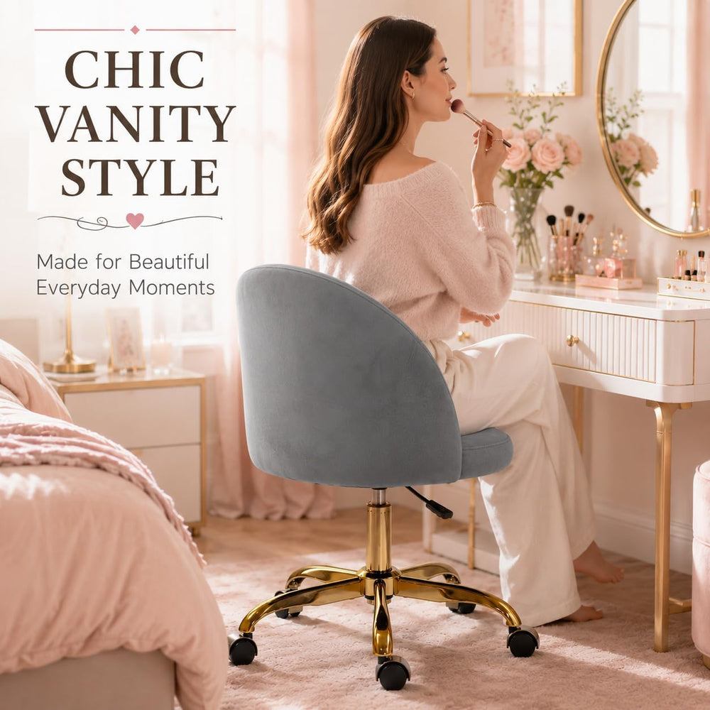 Cute Velvet Vanity Chair with Back and Rolling Wheels for Bedroom Makeup Room...