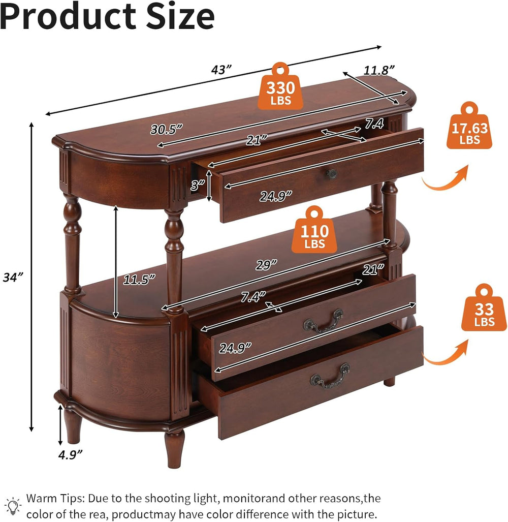 Solid Wood Retro Curved Console Table, 43" Half Moon Console Table Sofa ...