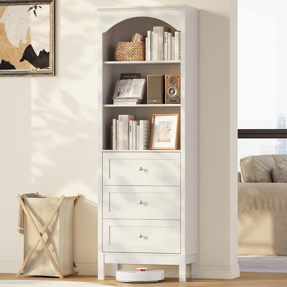 71" H Tall Bookshelf with Drawers, Arched Book Shelf with Open Shelves