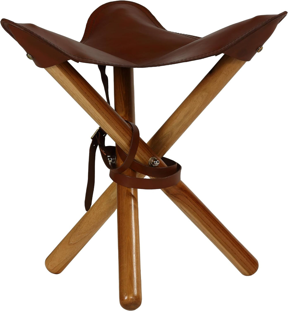 Bare Decor Cuspand Teak and Genuine Leather Artist Folding Accent Stool in Brown