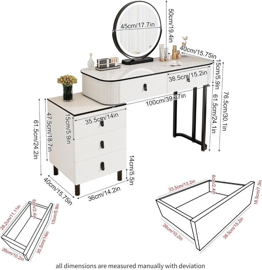 KDCAS Small Makeup Vanity Desk with Mirror and LED Lights | Modern Fluted Van...