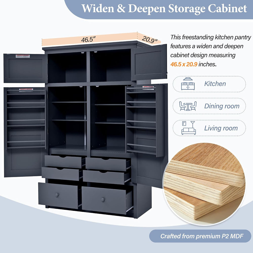 Freestanding Kitchen Pantry with Drawers, Shelves & Pull-out Trays,Gray |...