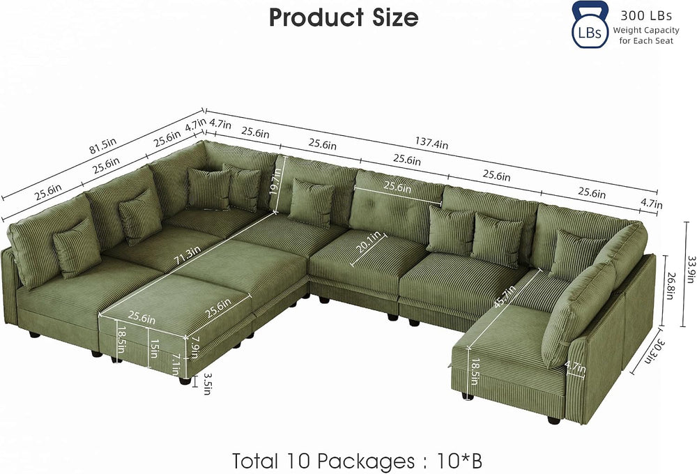 LLappuil 10 Seater Sectional Sofa with Storage, Corduroy Modular U Shaped Cou...