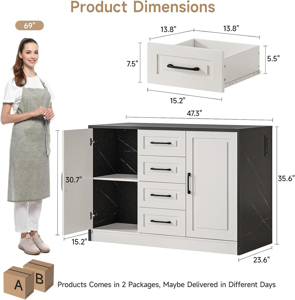 Kitchen Island with 2 Storage Cabinets & 4 Drawers, Black+Imitation Marbl...