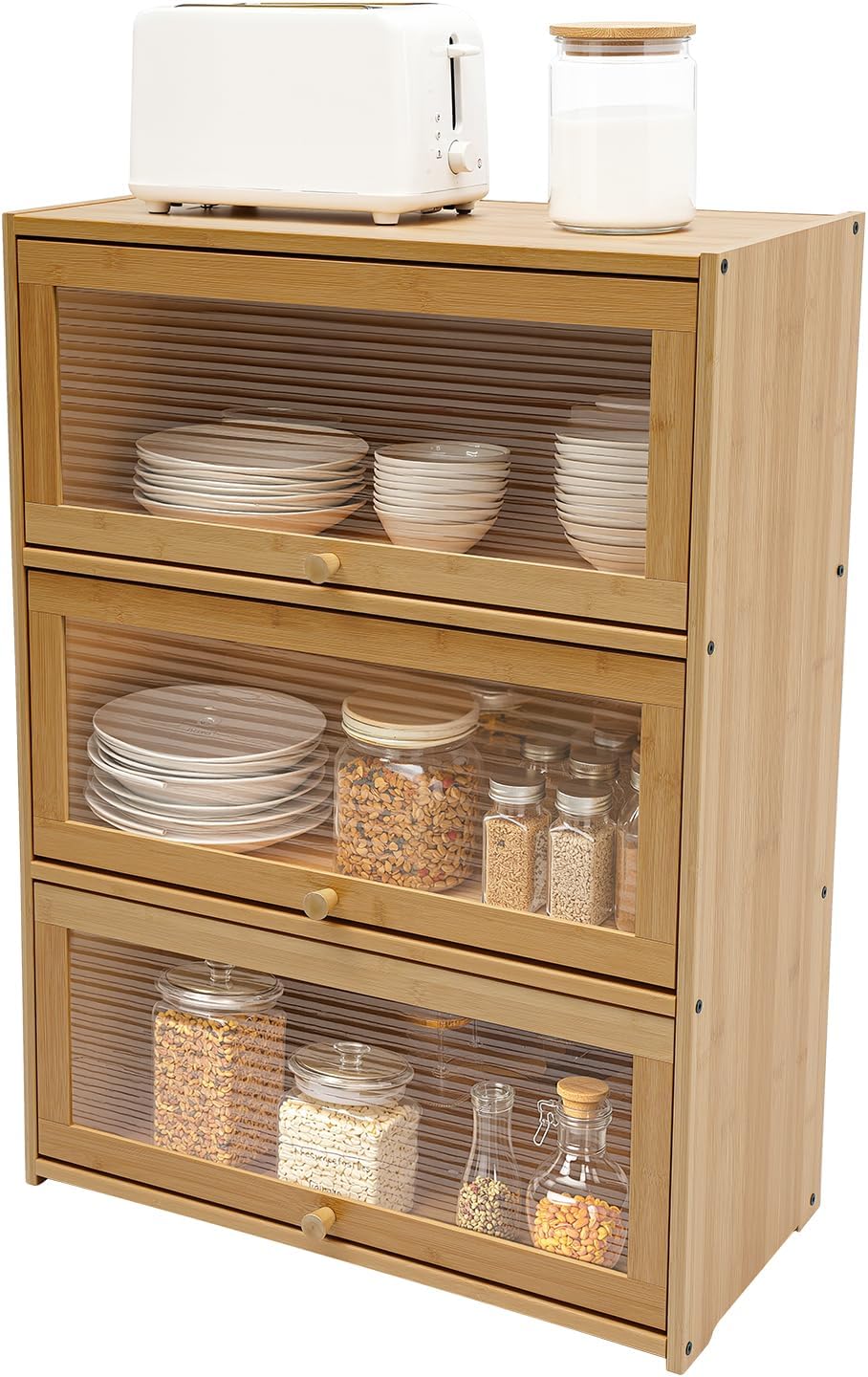 Kitchen Pantry Sideboard Small Bamboo Cabinet with 3 Clear Acrylic Doors Free...