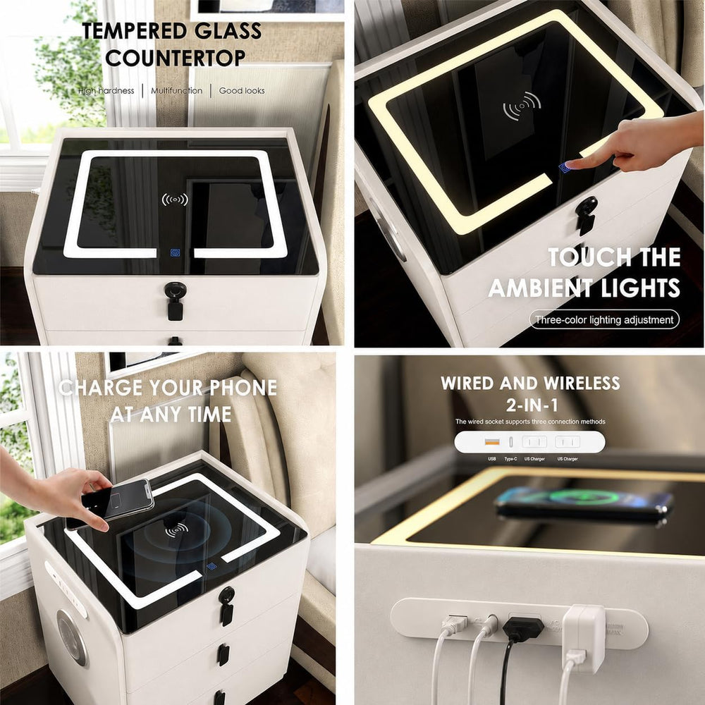 Smart Nightstand with Wireless Charging, with Fingerprint Lock Drawer, Night ...