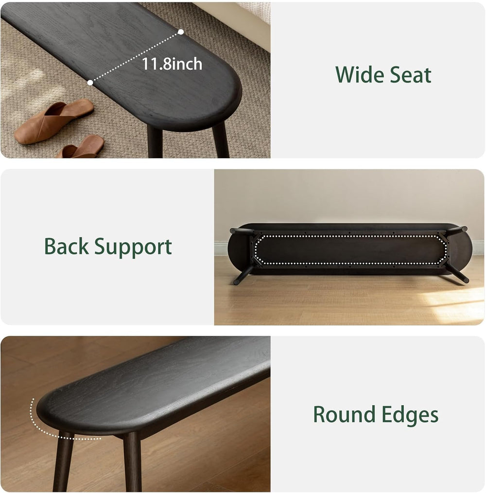100% Solid Oak Dining Bench, Wood Bench for End of Bed with Rounded Corners, ...