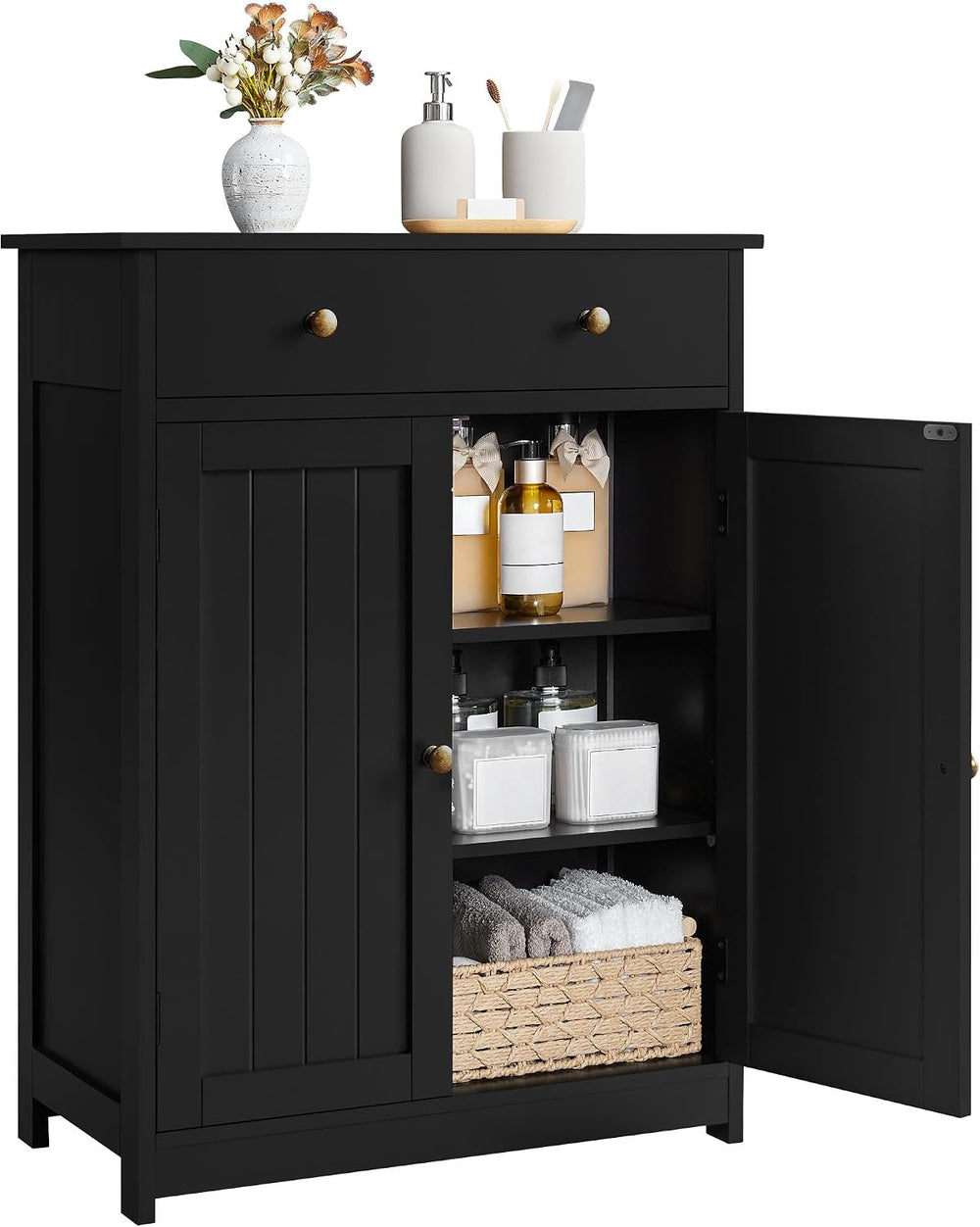 Yaheetech Black Slatted Bathroom Storage Cabinet with Drawer & Double Doors