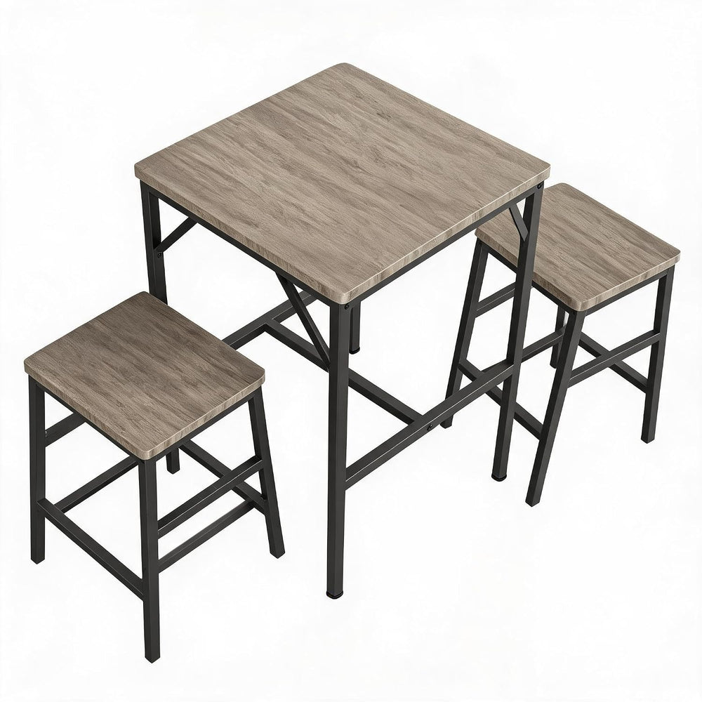 3-Piece Bar Table and Chairs Set for 2, Grey | Industrial Square Pub Table wi...
