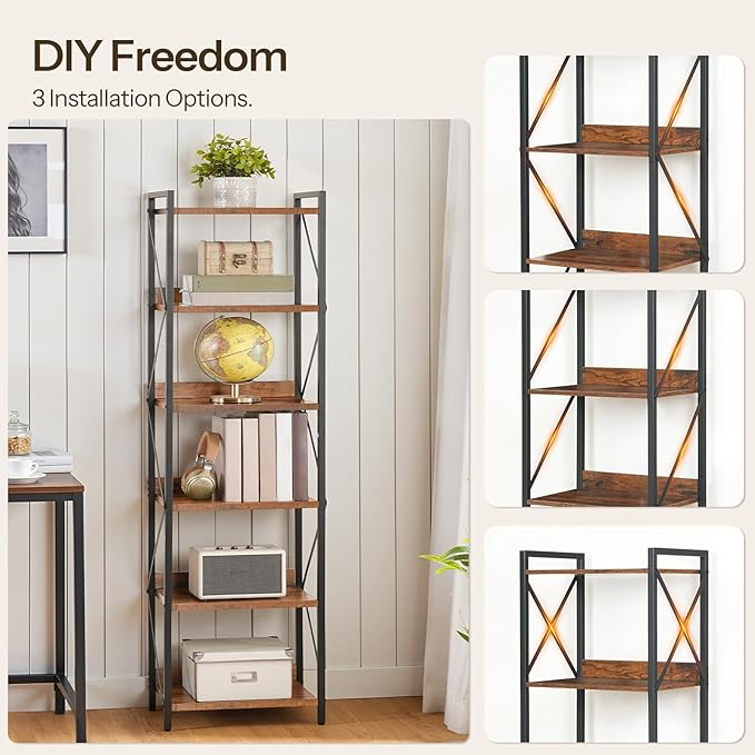 HOOBRO Bookshelf, 6-Tier Industrial Bookcase, Book Shelf Storage Organizer, T...