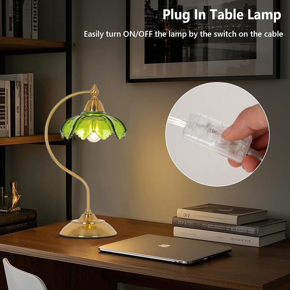 Glass Beside Table Lamp for Bedroom, Plug In Gold Desk Lamp, Vintage Flower N...