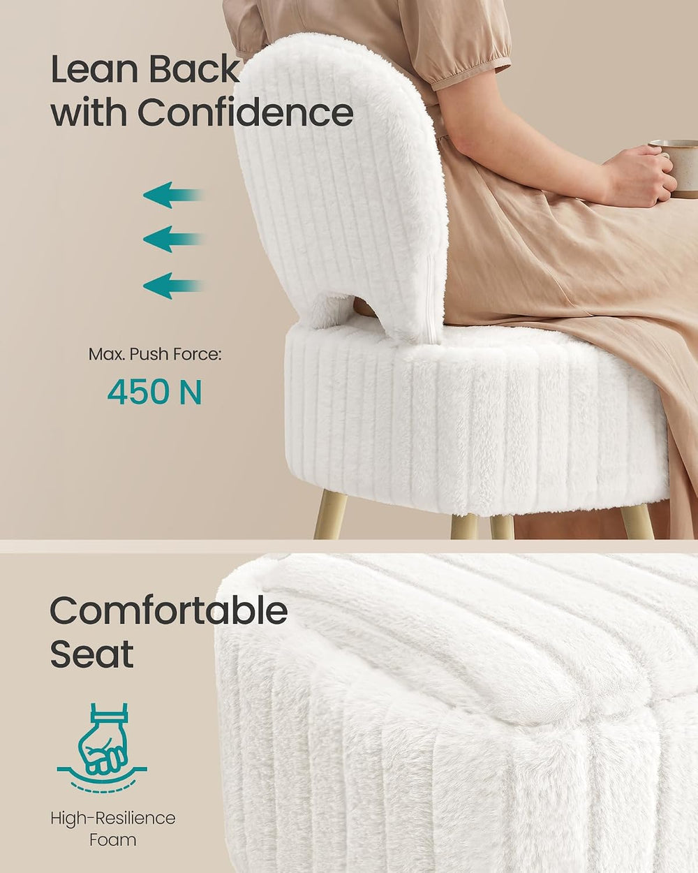 SONGMICS Vanity Chair, Makeup Stool with Folding Backrest | Plush Padded Dres...