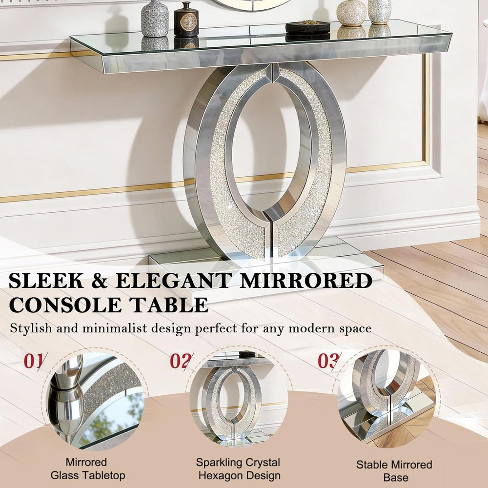 2 Piece Mirrored Console Table & Oval Wall Mirror Set, 39.5" Silver ...