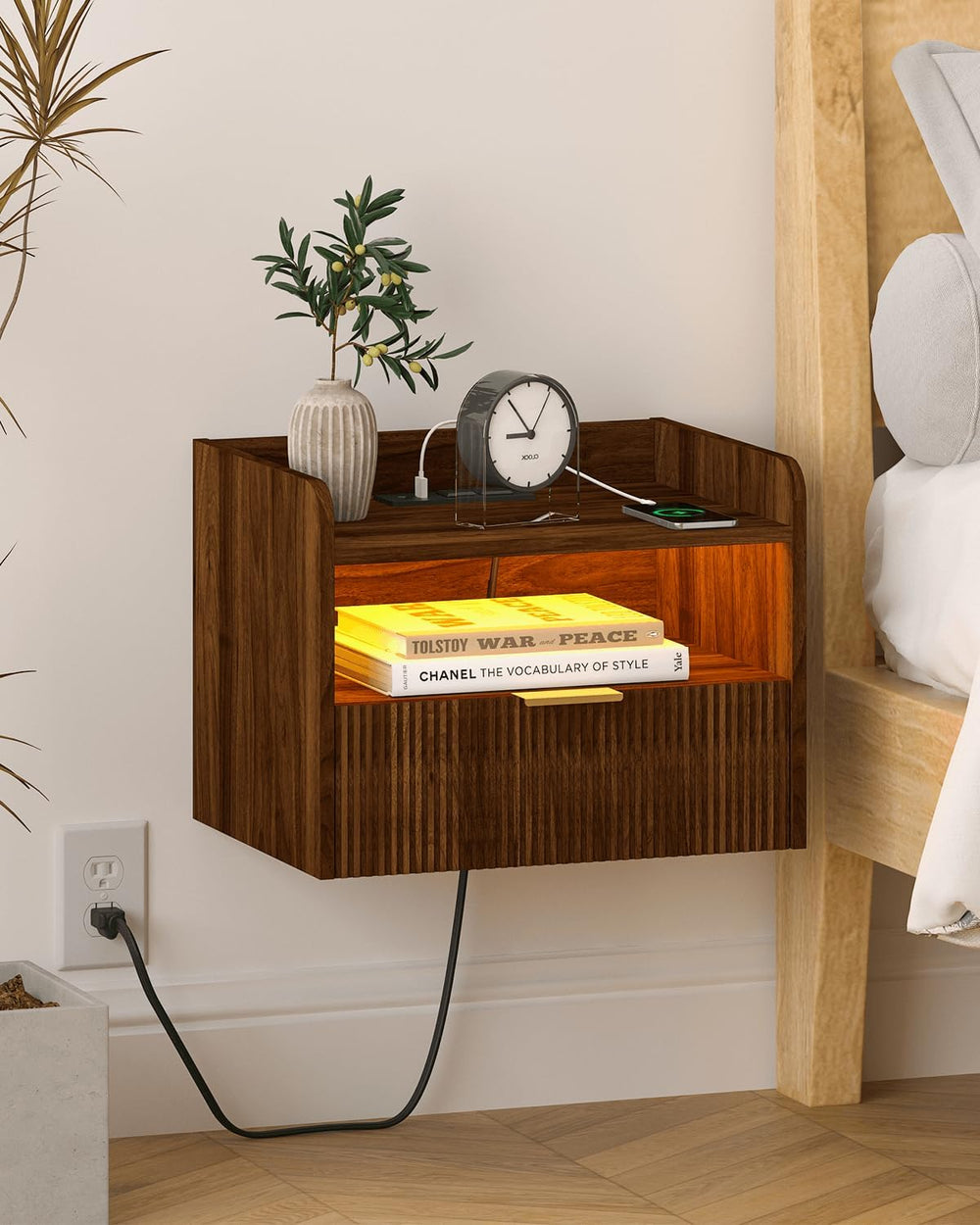 Veegle Floating Nightstand with Charging Station and LED Lights (Walnut Brown)